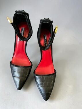 Charles Jourdan Black Croc Embossed Leather Ankle Strap Heels Pumps 8.5M